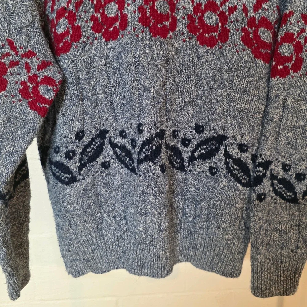 Vintage Cable Knit Fair Isle Sweater Blue Red Floral Navy‎ Leaf Pattern Unisex M